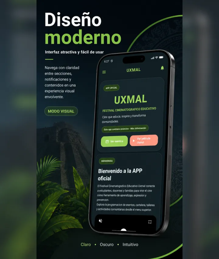 Diseño moderno y modo visual oscuro de Festival Uxmal